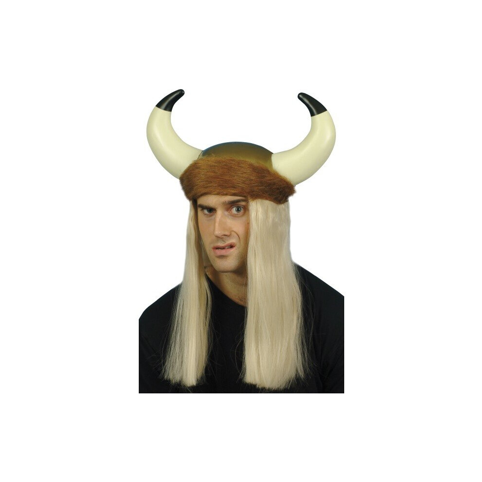 Mens Viking Helmet With Long Blonde Hair, Horns & Fur Trim -  viking helmet smiffys fancy dress accessory hair horns