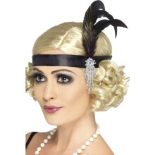 Smiffy's Adult Women's Satin Charleston Headband With Feather And Jewel Detail, -  headband charleston black feather 1920s fancy dress satin flapper