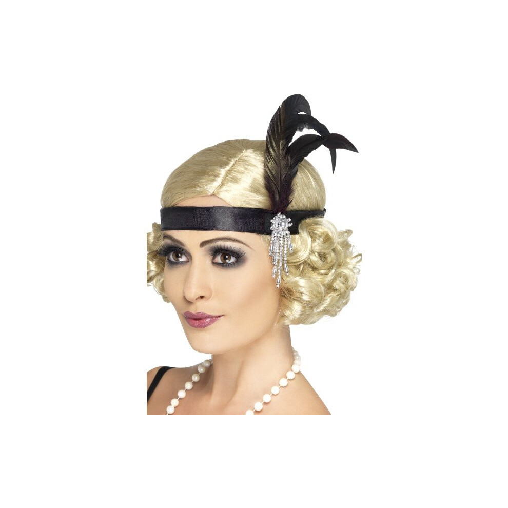 Smiffy's Adult Women's Satin Charleston Headband With Feather And Jewel Detail, -  headband charleston black feather 1920s fancy dress satin flapper