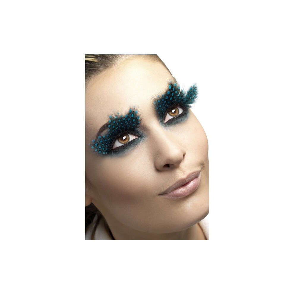 Smiffy's Eyelashes Feather With Aqua Dots And Glue - Large - Feather Eyelashes Fancy Dress Large Aqua Dots False Blue