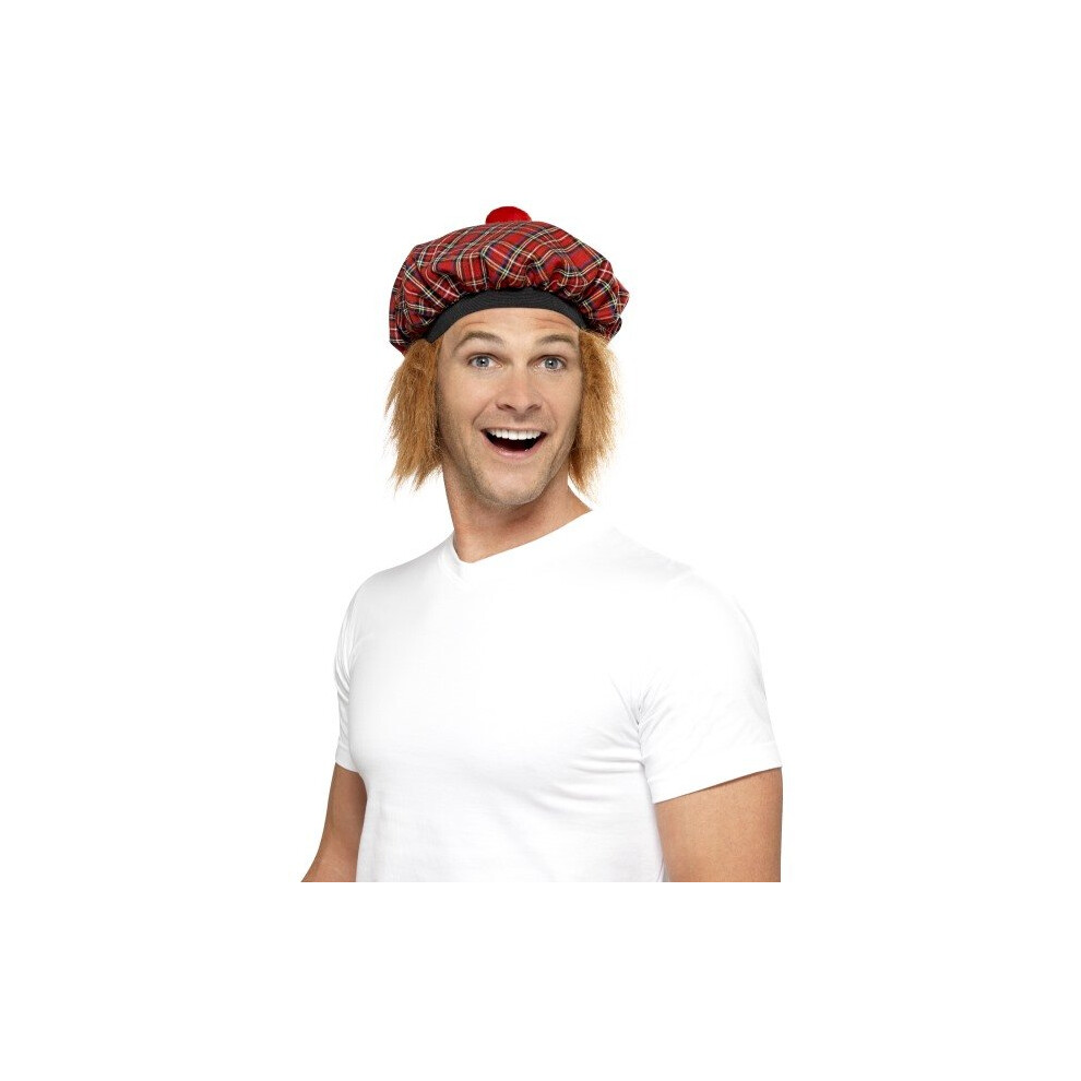 Smiffy's Tam-o-shanter Tartan Hat With Hair And Pom Pom -  hat tartan fancy dress pom hair tamoshanter scottish mens smiffys costume