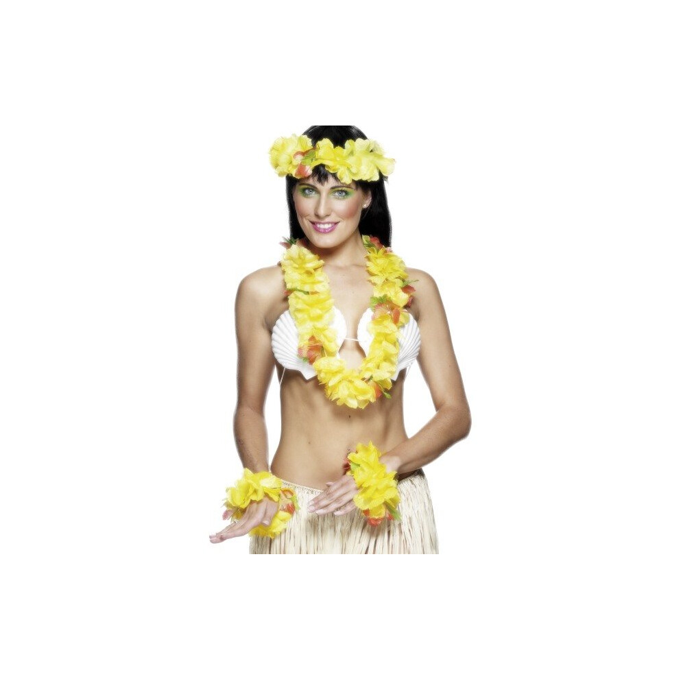 Smiffy's Hawaiian Set With Garland Headband And Wristband - Yellow - Fancy -  hawaiian set yellow fancy dress accessory lei garland costume flower