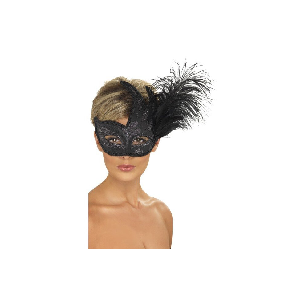 Smiffy's Black Ornate Colombina Flame & Feather Mask - Feather Mask Ornate Colombina Flame Black
