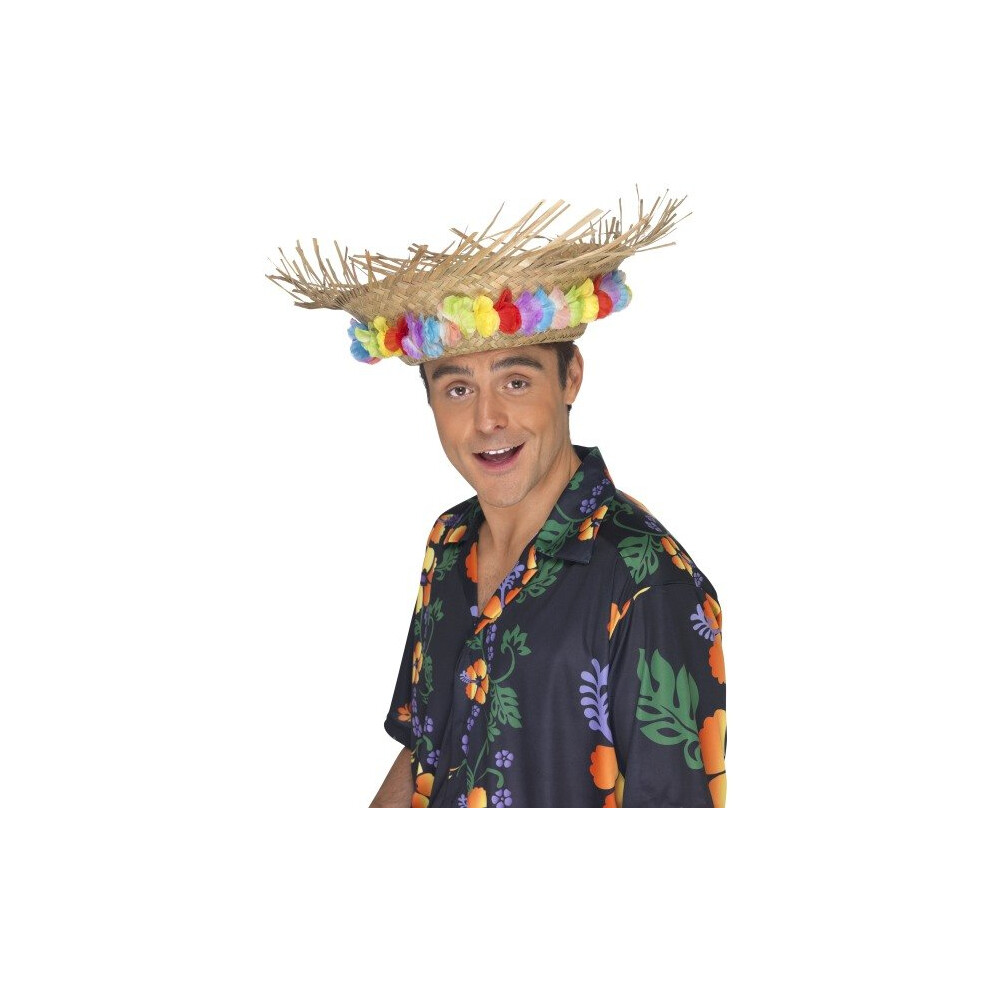 Smiffy's Beach Hat With Luau Flower Trim -  hat beach fancy hawaiian luau dress smiffys unisex party straw adult costume flower trim