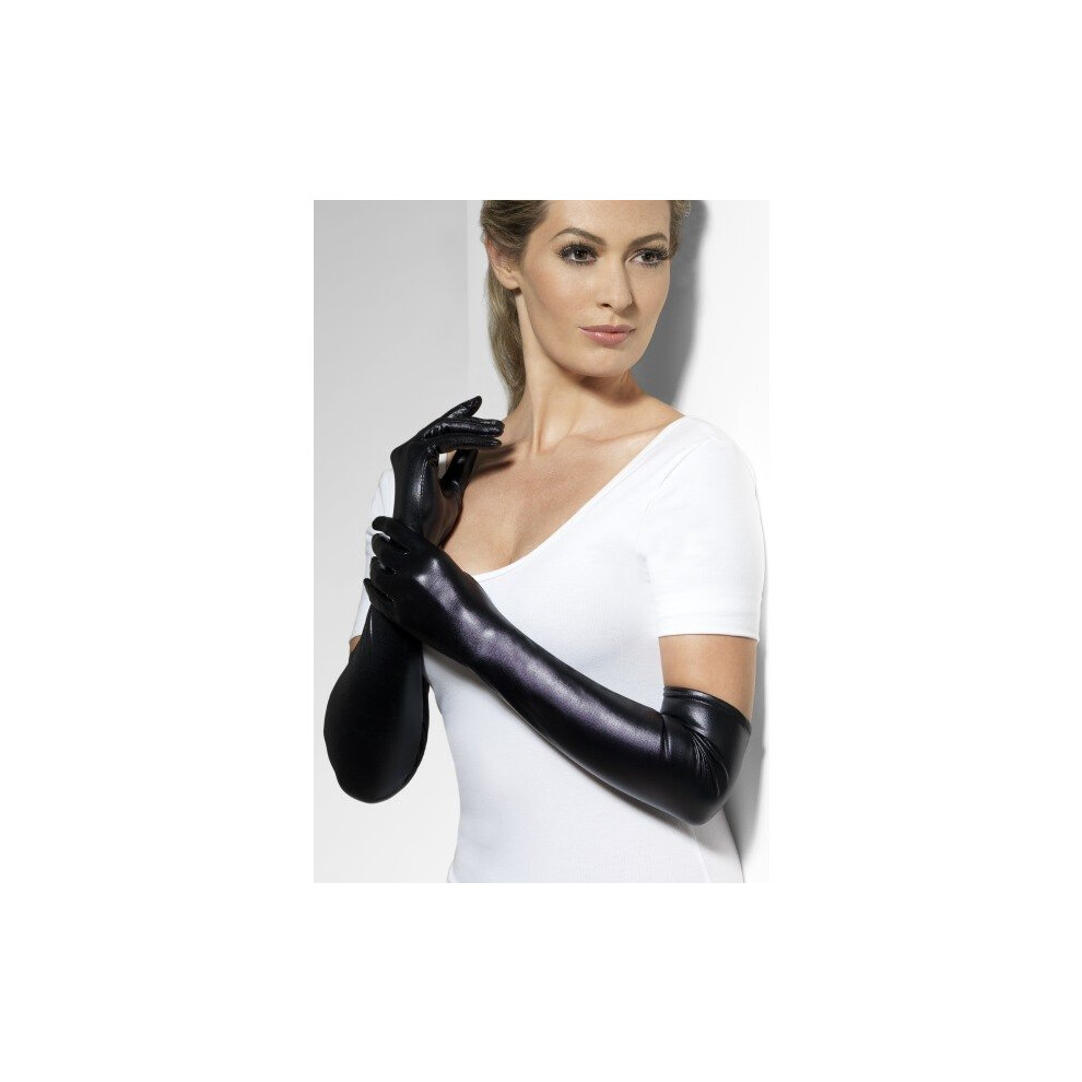 Smiffy's Wet Look Gloves - Gloves Wet Look Fancy Dress Black