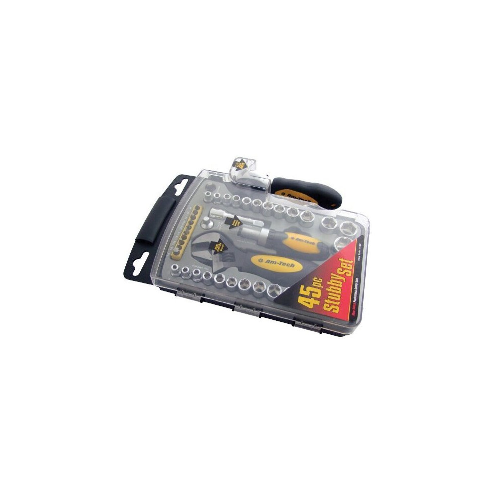 45Pc Stubby Tool Set - Amtech 45 Screwdriver Socket Wrench Pieces - Amtech Stubby Set 45 Tool Screwdriver Socket 45Pc Wrench Pieces 5032759024445
