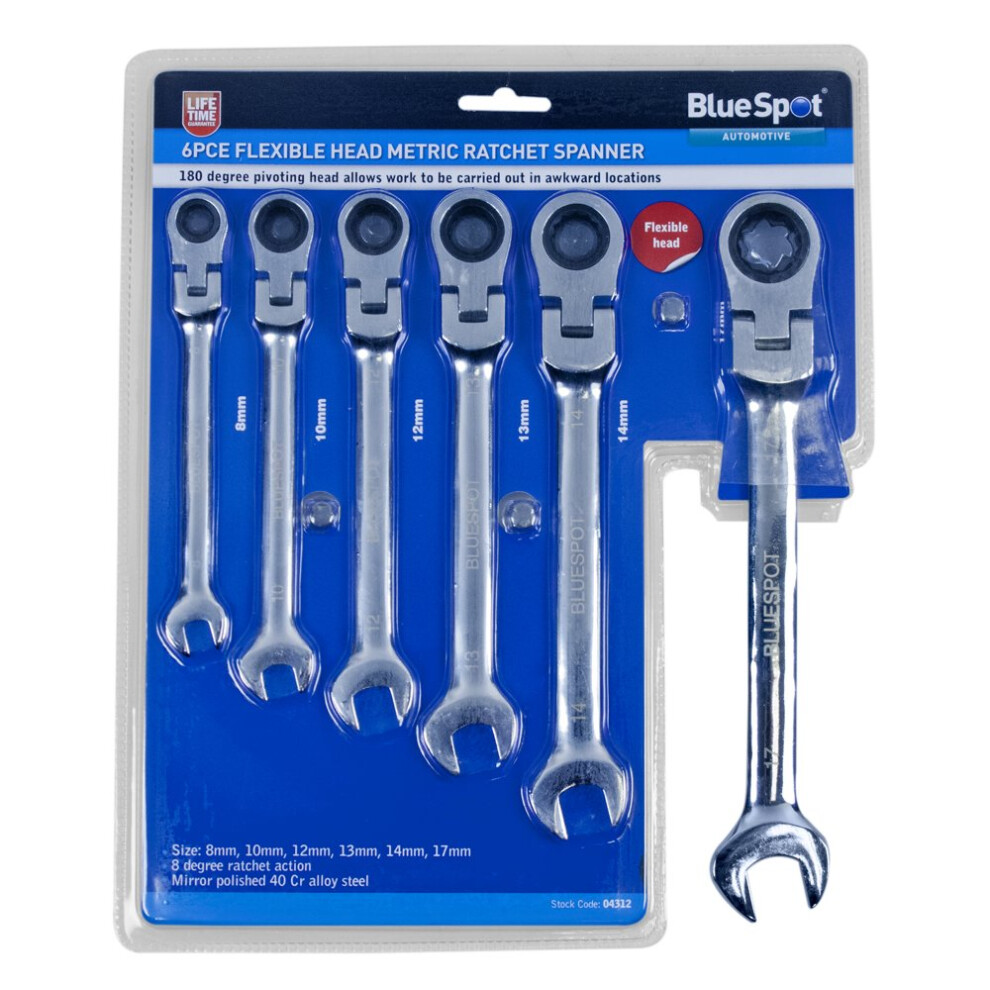 BlueSpot 6-Piece Flexible Head Ratchet Spanner Set (8-17 mm) 4312, 180 Pivot, Mirror-Polished 40Cr Alloy Steel