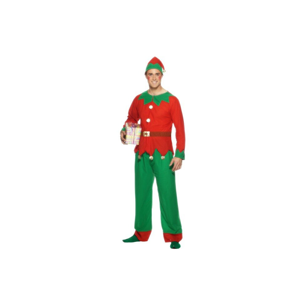 Smiffy's Men's Elf Costume, Top, Trousers & Hat, Elf, Size: L, Colour: Red And -  elf costume christmas fancy dress mens helper outfit xmas hat adult