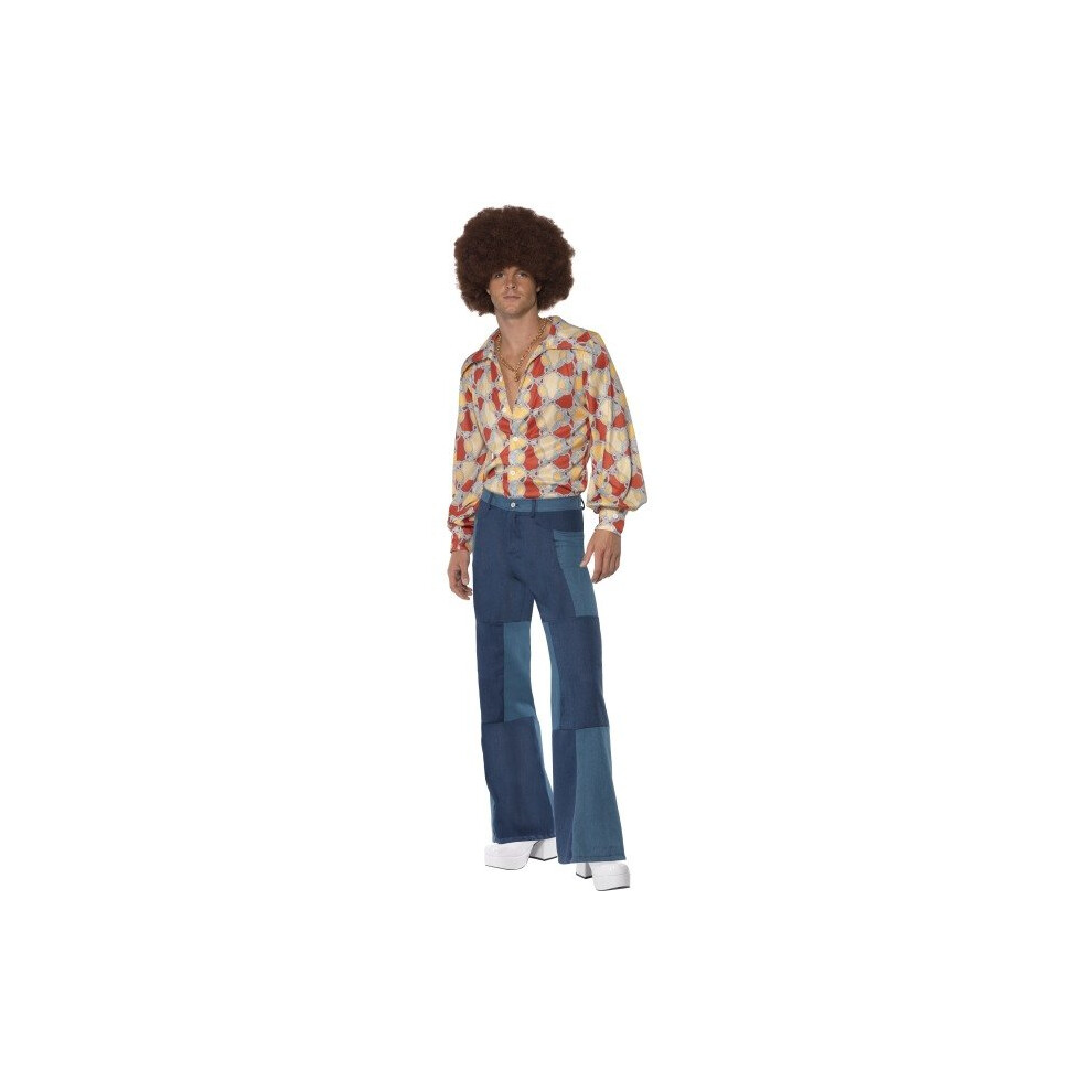 Smiffy's Adult Men's 1970'S Retro Costume, Shirt And Patchwork Denim, 70 Disco, - Costume Retro Fancy Dress Mens 1970S Hippie Hippy Outfit Adult