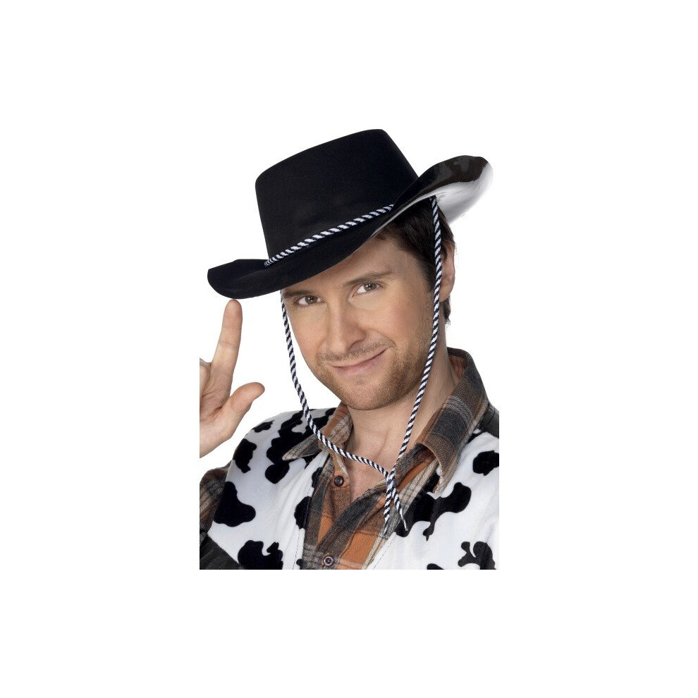 Smiffy's Cowboy Hat Flocked Plastic With Cord - Hat Cowboy Plastic Fancy Dress Flocked Mens Cowboys Costume Cord Black