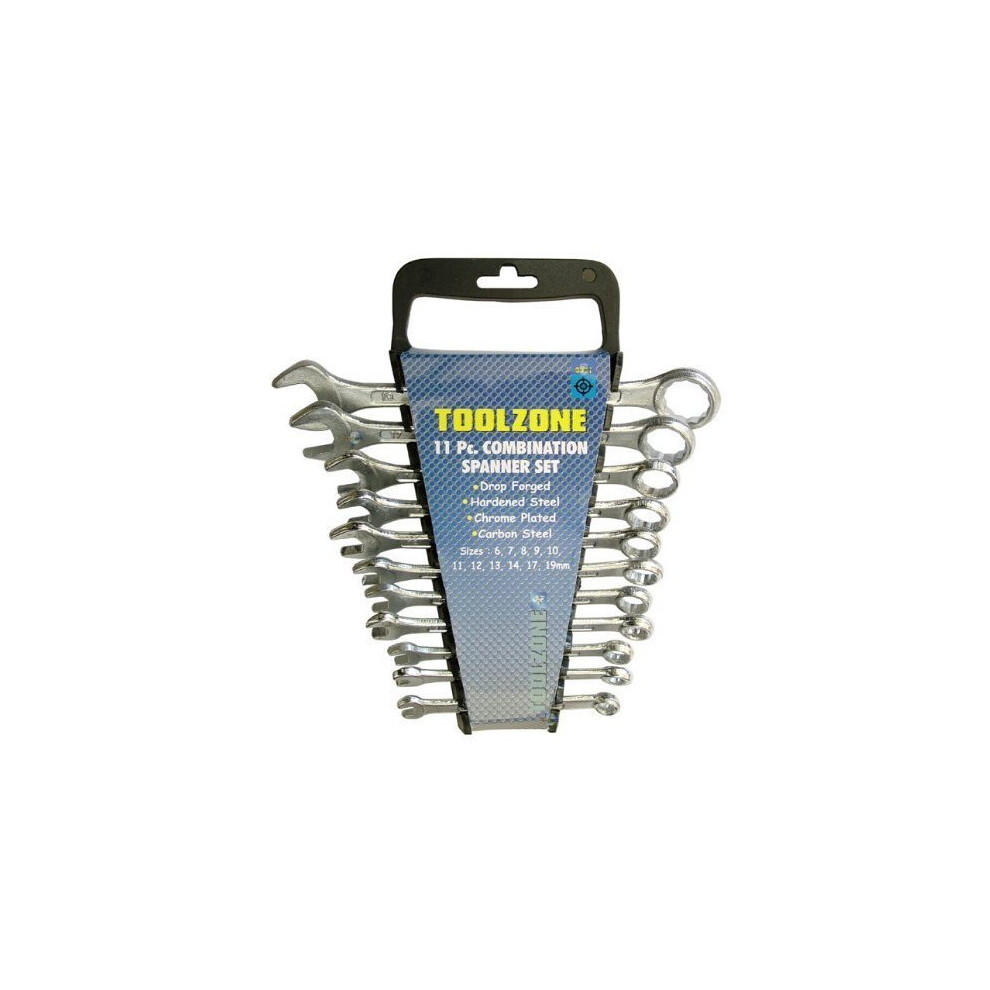Toolzone 11-Piece Drop-Forged Chrome Plated Metric Combination Spanner Set 6-19mm (KDPSP079) with Free Wall-Mount Storage Hanger