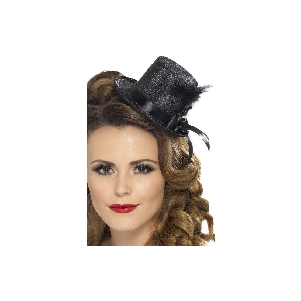 Black Ladies Mini Top Hat With Ribbon & Feather -  mini hat black fancy dress feather tophat smiffys ribbon burlesque