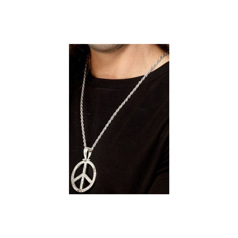 Diamante Peace Sign Medallion Silver