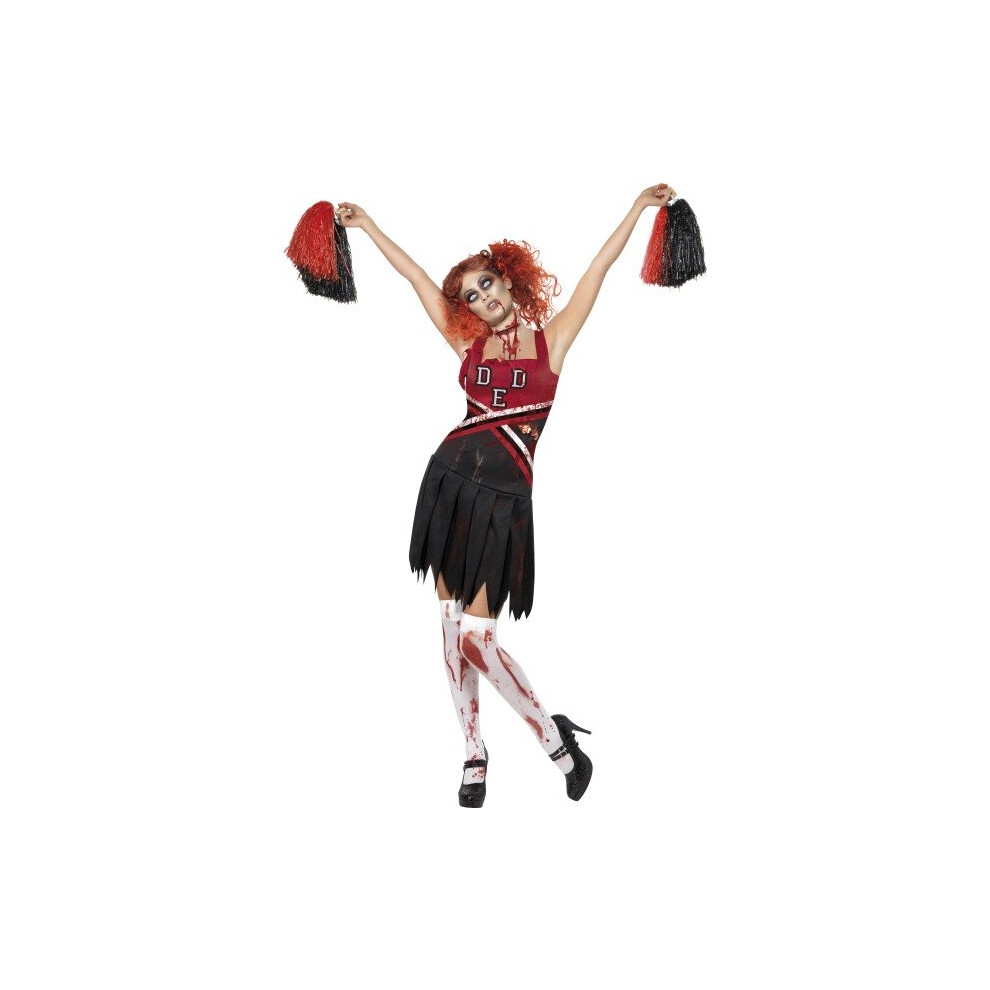 Smiffy's Adult Women's High School Horror Cheerleader Costume, Dress And Pom - Costume Halloween Cheerleader Fancy Dress Zombie Ladies School Horror Red