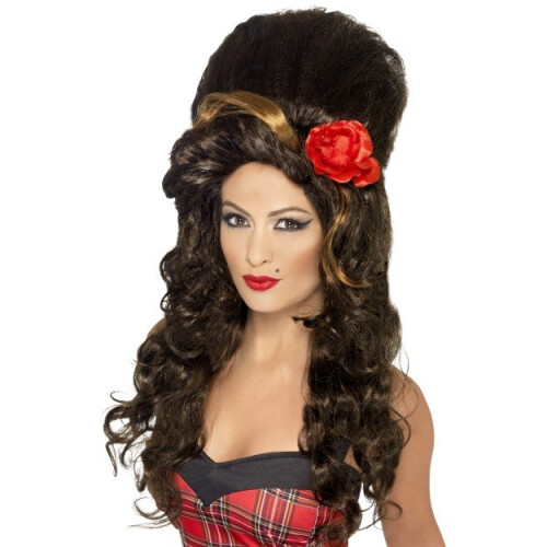 Large Brown Women's Smiffy's Beehive Wig With Large Flower - Rehab Smiffys -  wig rehab brown beehive smiffys fancy dress amy accessory large womens