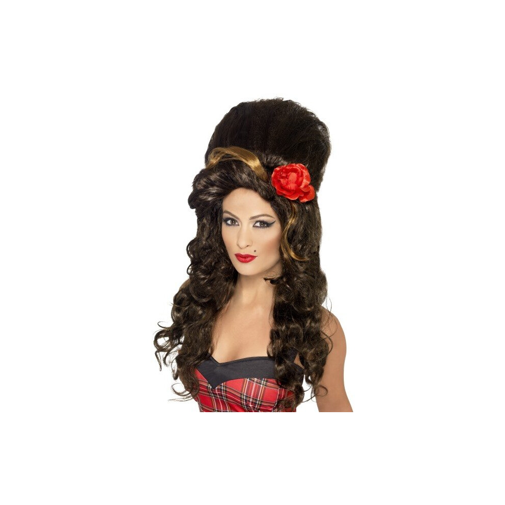 Large Brown Women's Smiffy's Beehive Wig With Large Flower - Rehab Smiffys -  wig rehab brown beehive smiffys fancy dress amy accessory large womens