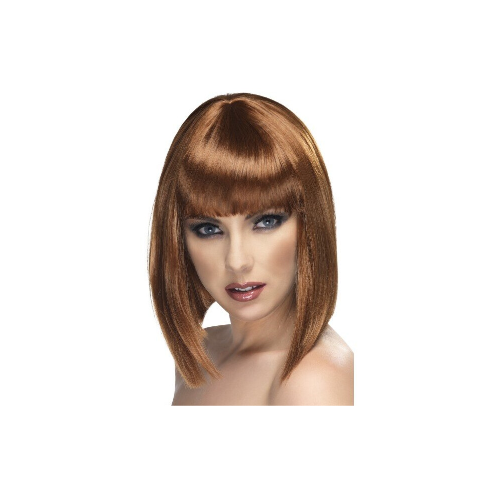 Short Brown Ladies Blunt Glam Wig With Fringe - Smiffys Fancy Dress -  wig brown glam fringe short blunt smiffys fancy dress ladies