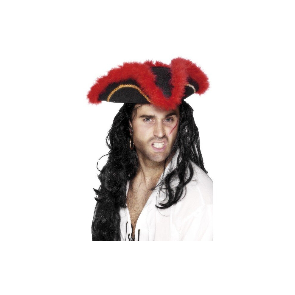 Smiffy's Pirate Tricorn Hat Feather Braid And Marabou - Red/black And Gold - -  pirate hat tricorn feather red fancy dress smiffys accessory marabou