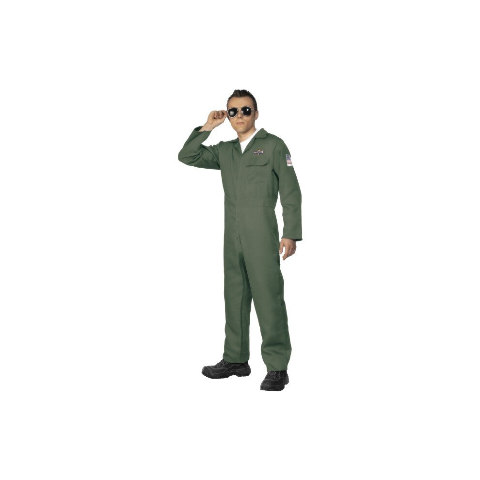 Smiffy's Adult Men's Aviator Costume, Zip Up Jumpsuit, Troops, Serious Fun, - -  aviator costume pilot fancy dress outfit mens uniform flight 80s