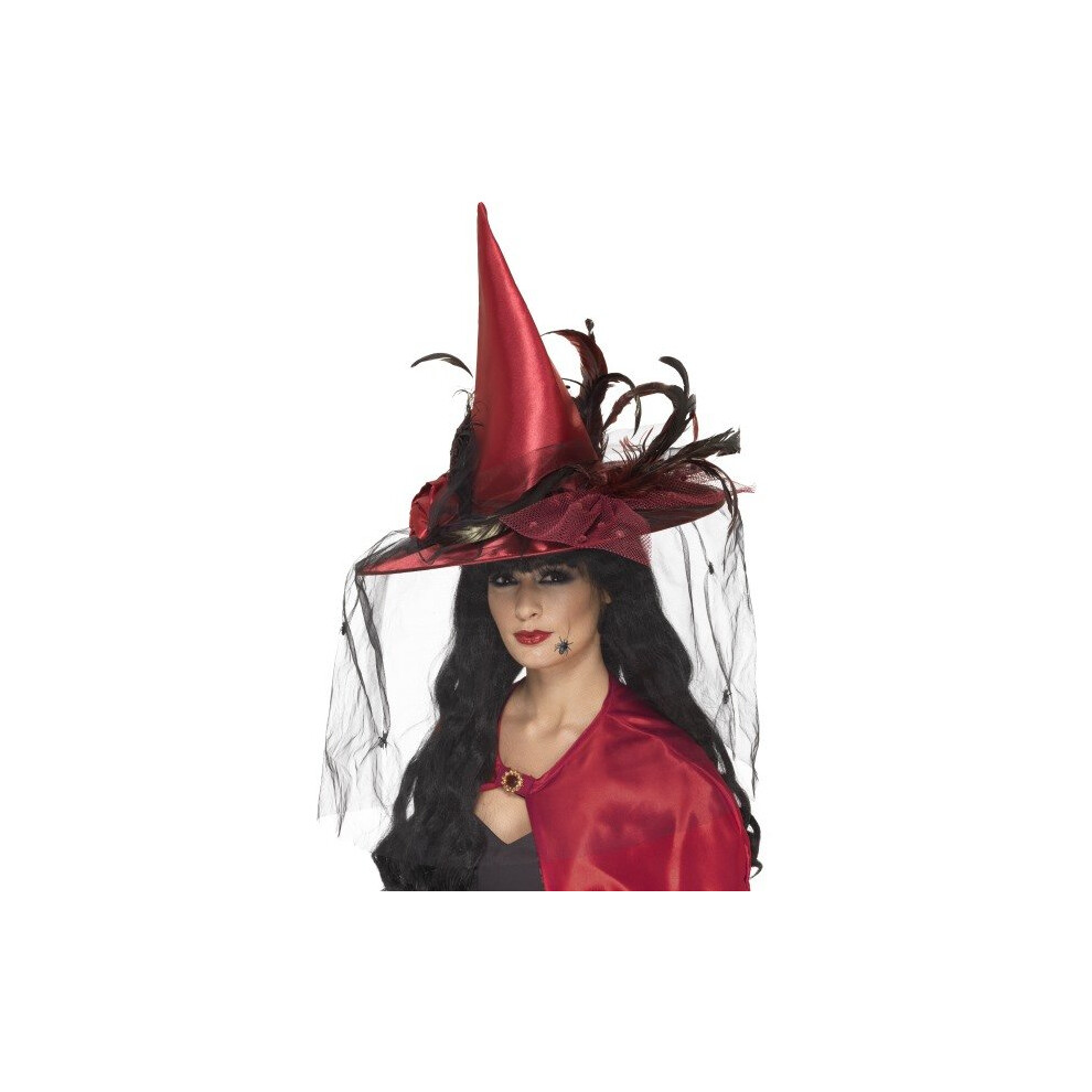 Smiffy's Deluxe Witch Hat - Hat Witch Deluxe Fancy Dress Halloween Ladies Witches Costume Deep Red