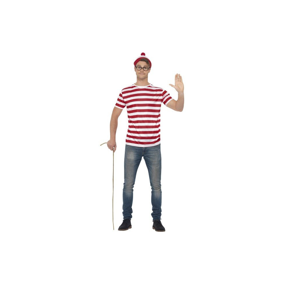 Smiffy's Unisex Official Where's Wally Accessory Kit With Thsirt/Hat And - Wheres Wally Fancy Dress Kit Mens Costume Adult Instant Waldo Book Week