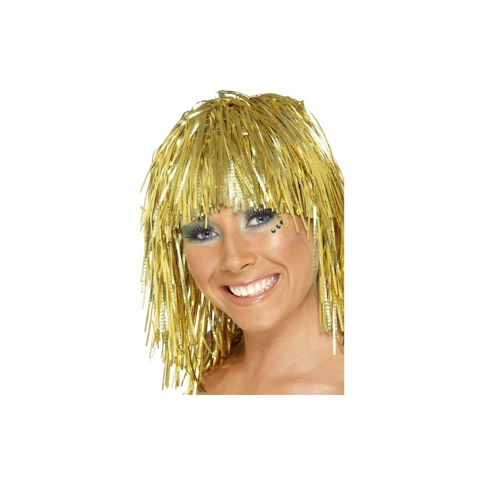 Gold Metallic Tinsel Wig -  wig tinsel gold fancy dress cyber accessory ladies smiffys costume metallic 80s new