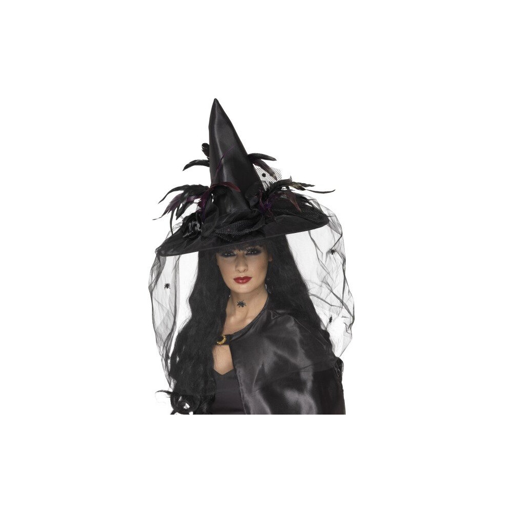Smiffy's Deluxe Witch Hat - Hat Witch Deluxe Halloween Fancy Dress Feathers Witches Ladies Costume Black