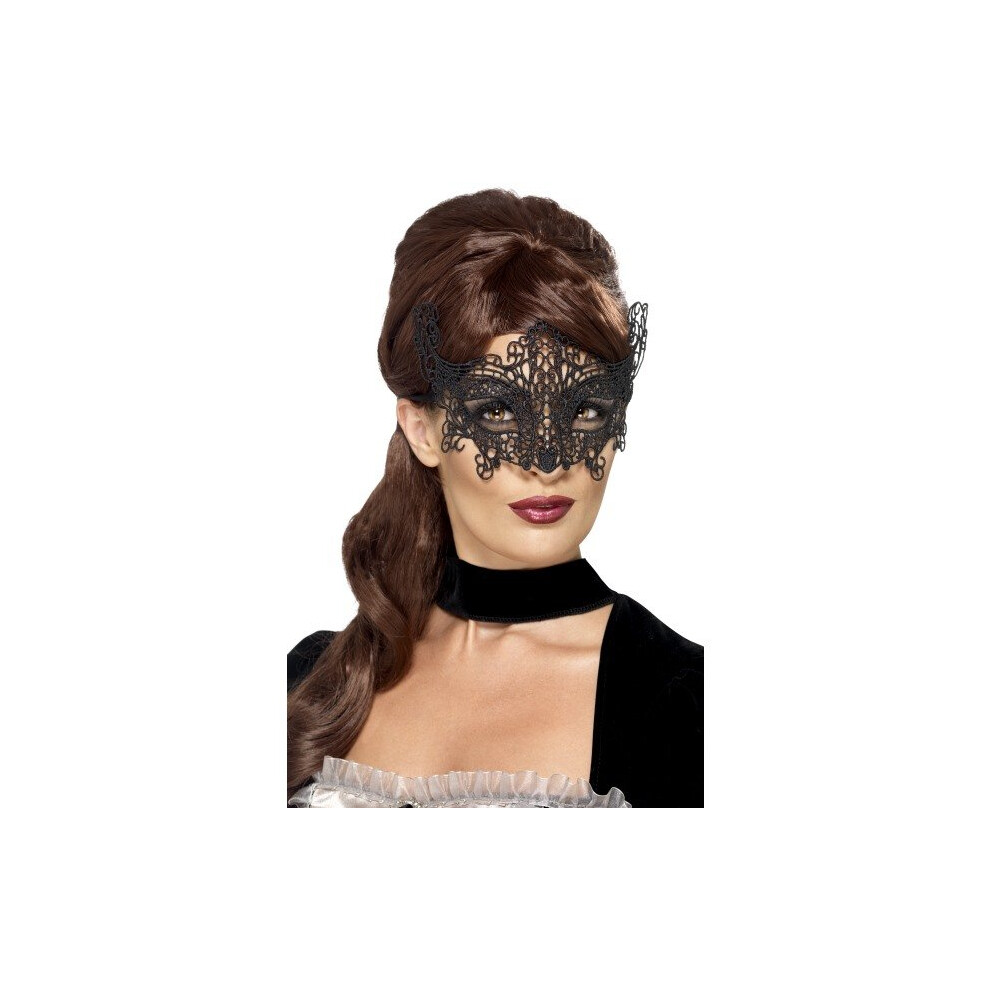 Smiffy's 45227 - Embroidered Lace Filigree Whirls Eye-Mask One Size - Eyemask Embroidered Lace Swirl Fancy Dress Filigree Adult Womens Black