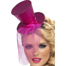 Smiffy's Fever Mini Tophat On Headband - Hot Pink - hat mini top pink fancy dress headband ladies glitter hot fever