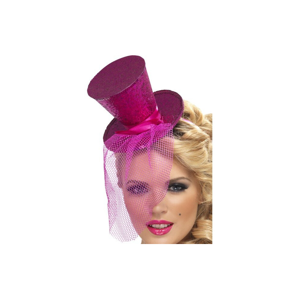 Smiffy's Fever Mini Tophat On Headband - Hot - Hat Mini Top Fancy Dress Headband Ladies Glitter Hot Fever Pink