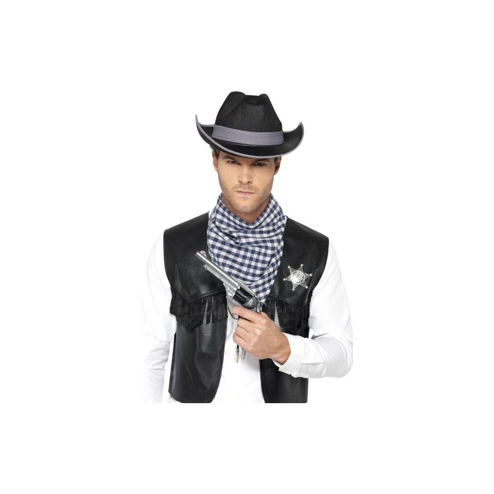 Smiffy's Men's Western Instant Kit - Cowboy Fancy Dress Western Kit Mens Waistcoat Hat Badge Costume Outfit Black