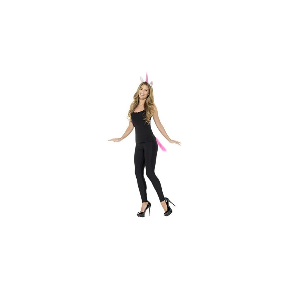 Smiffy's 48395 Adult Unicorn Kit, Pink & White, One Size - Animal Tail Fancy Dress Adults Headband Sets Instant Outfit Unicorn Ladies Ears Magical Pink,White
