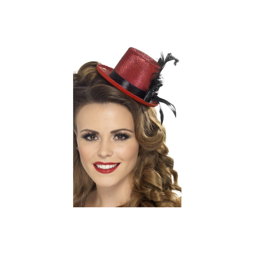 Smiffy's Mini Tophat Ribbon And Feather - /Black - Mini Hat Tophat Ribbon Feather Womens Fancy Dress Black Cylinder Red