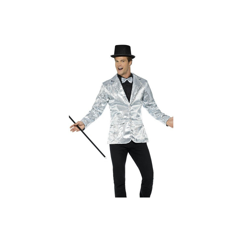 Smiffy's 21139L Sequin Men's Jacket (Large) - Mens Fancy Dress Jazz Celebrity - Sequin Jacket Mens Fancy Dress Jazz Celebrity Showtime Adults Silver