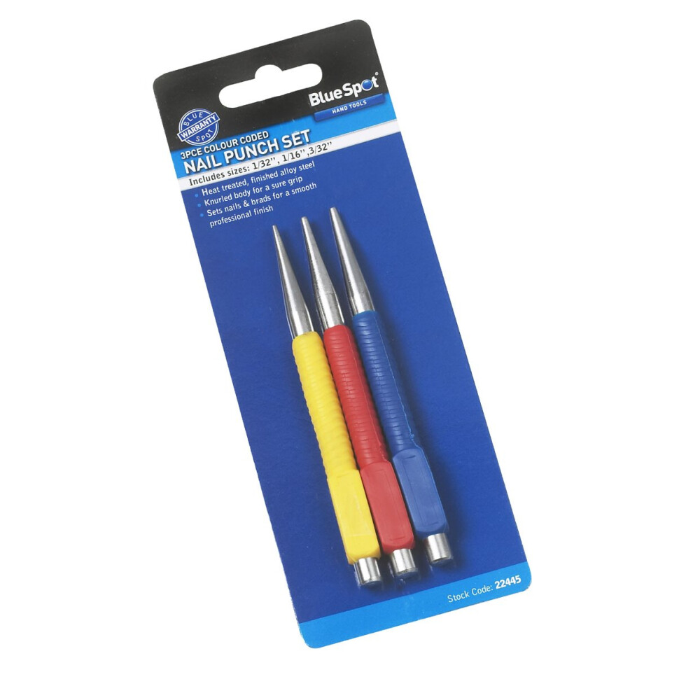3 Piece Nail Punch Set With Knurled Handles - Bluespot Tools 22445 Bs22445 -  nail punch set 3 bluespot tools 22445 bs22445