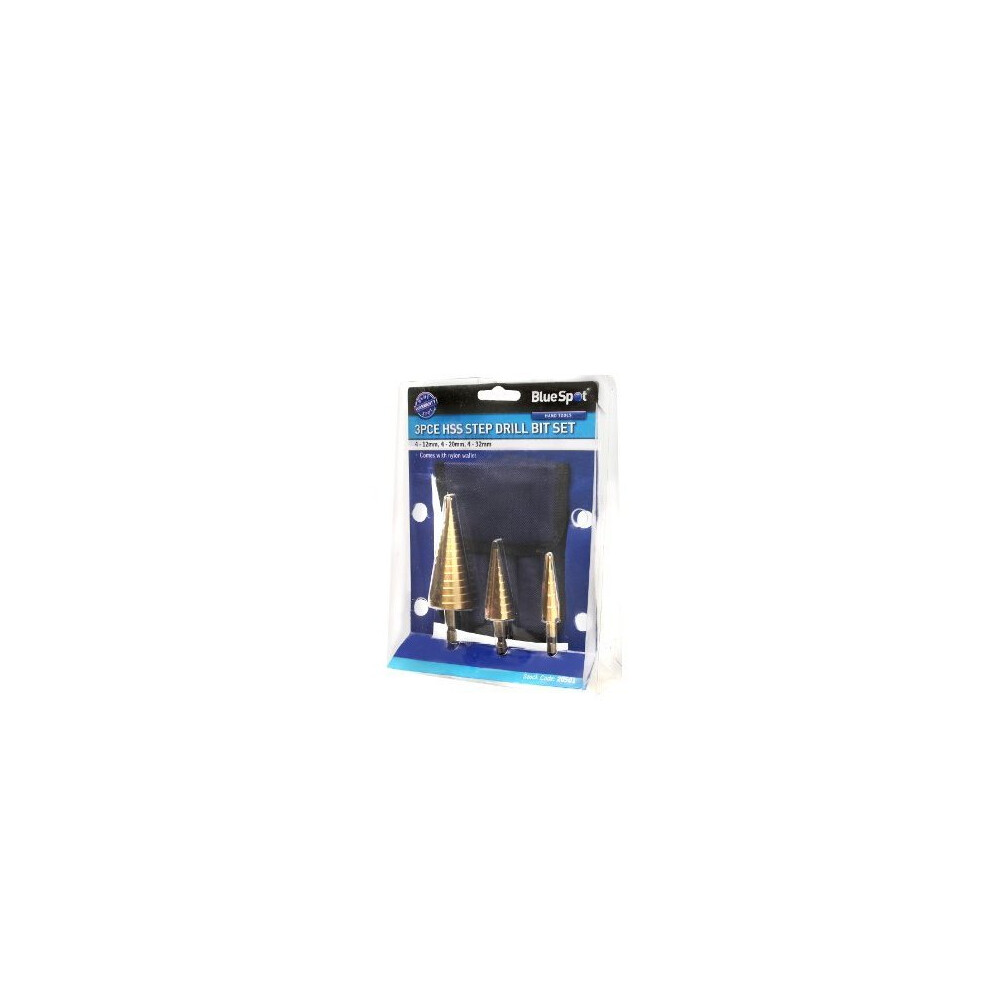 Blue Spot 20501 Step Drill 4-32Mm Set With Wallet (3 Pieces) - Hss Titanium - Step Drill Set Hss Titanium Pouch 432Mm 3Pc Large Cone Bit Storage 5028734205015