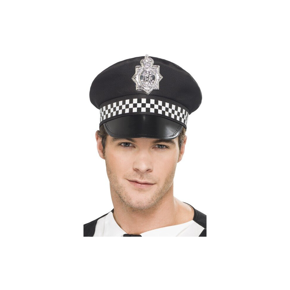 Smiffy's Police Panda Cap Fabric Check Band - Black -  police cap hat panda fancy dress adults cop band