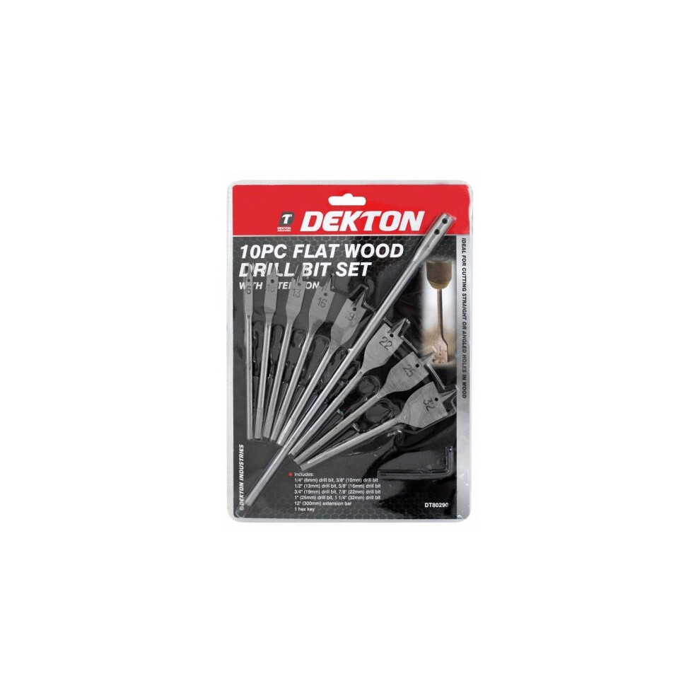 Dekton 10pc Flat Wood Drill 6-10-13-16-20-22-25-32 - Spade Bits 10 Piece -  flat spade wood drill bits 10 piece 610131619 22 25 32 mm freepost 10pc