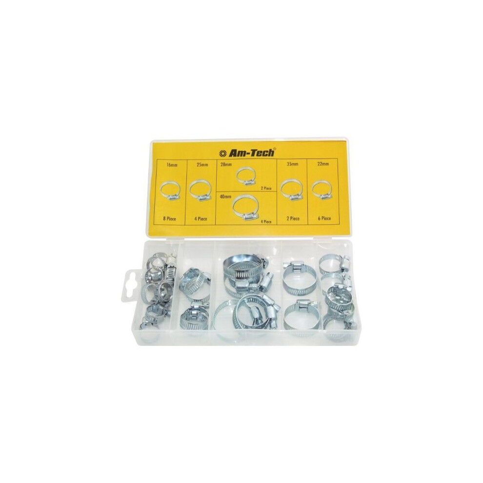 Am-Tech Hose Clamp Assortment (26 Pieces) - Set Pipe Clips Amtech 26Pc Assorted - Hose Clamp Set Pipe Clips Amtech 26Pc Assorted 40Mm Case 5032759032341