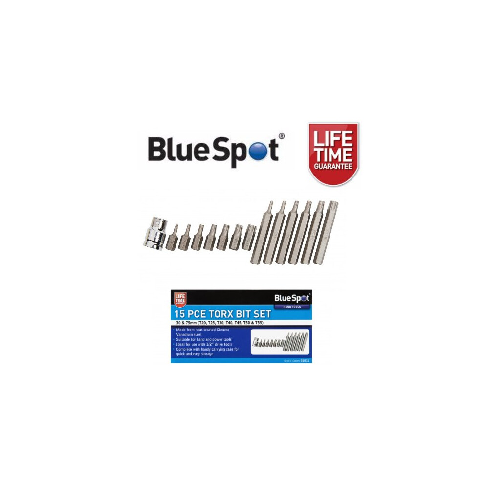 BlueSpot 15 Pc Torx Bit Set T20 - T55 With 1/2" Dr Adaptor 01511