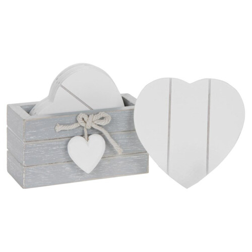 Provence Grey Set 6 White Heart Coasters Shabby Wood Chic Heart Detail