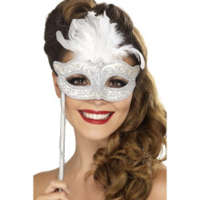 Smiffy's Fever Baroque Fantasy Eyemask With Feathers And Handle - Silver - - silver baroque eyemask fancy dress smiffys fantasy feathers fever