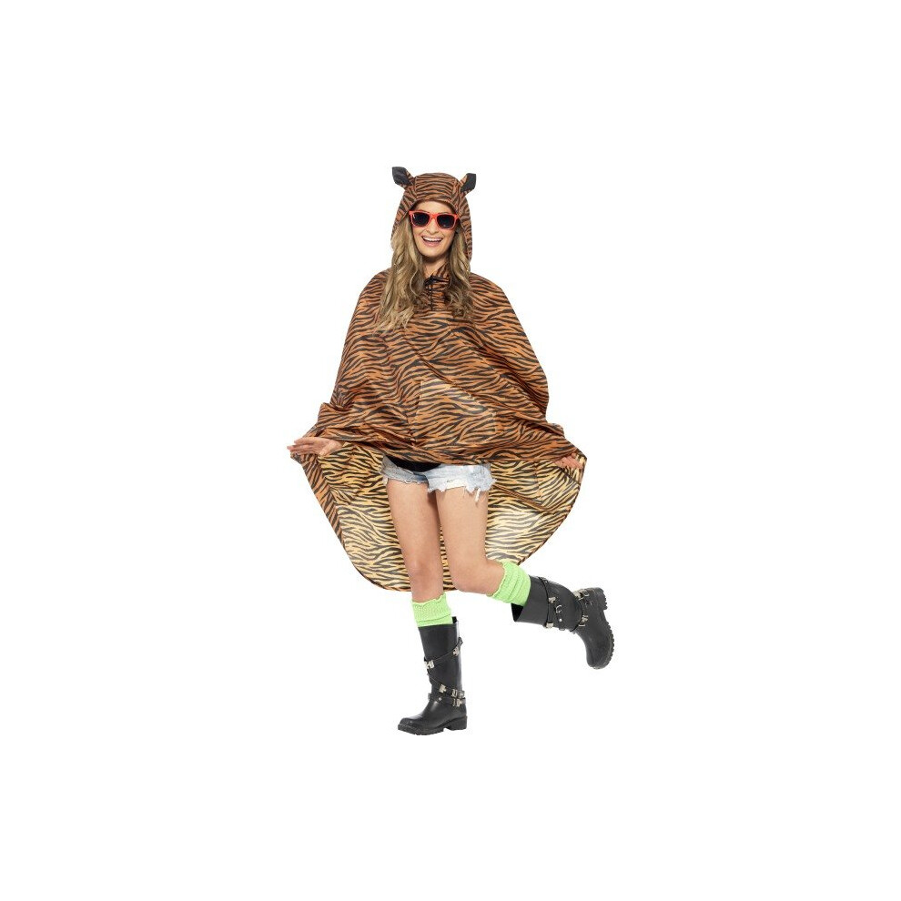 Smiffy's Tiger Party Poncho, Tiger Print, With Drawstring Bag - Poncho Party Tiger Festival Fancy Dress Ladies Animal Costume Mens Adult Waterproof