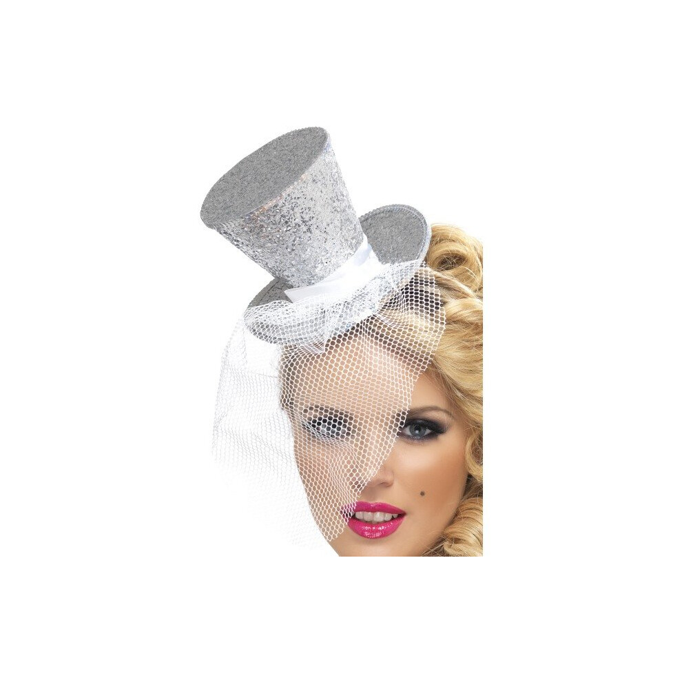 Smiffy's Fever Mini Top Hat On Headband - Silver -  hat top mini silver fancy dress headband fever ladies glitter burlesque