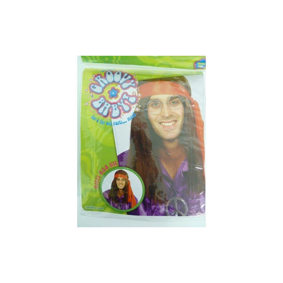 Mens Hippy Wig, Glasses, Medallion & Headband Kit - Costume Fancy Dress Wig Man -  hippy kit costume fancy dress mens wig man hippie 60s 1960s