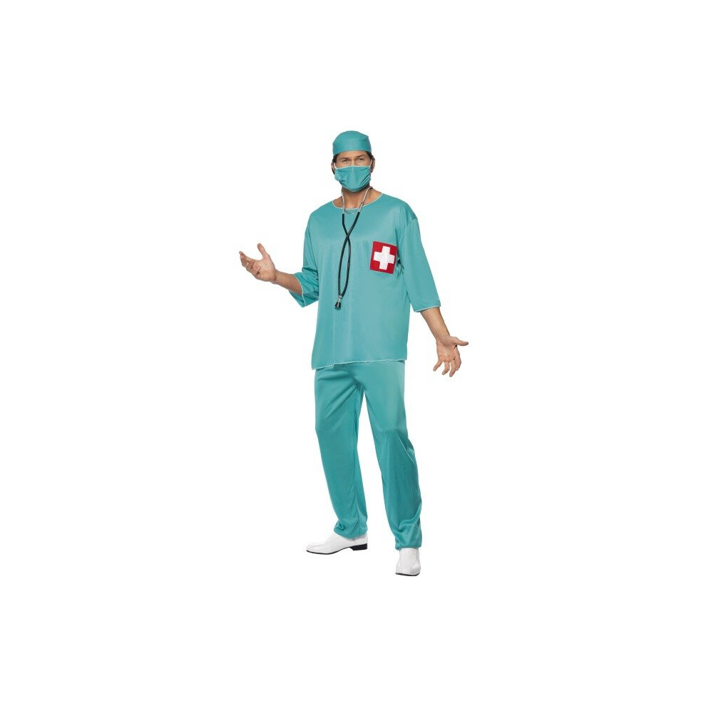 Smiffy's Men's Surgeon Costume, Tunic, Trousers, Cap & Mask, Size: L, Colour: - Costume Surgeon Fancy Dress Doctor Outfit Mens Scrubs Hospital Not,Specified