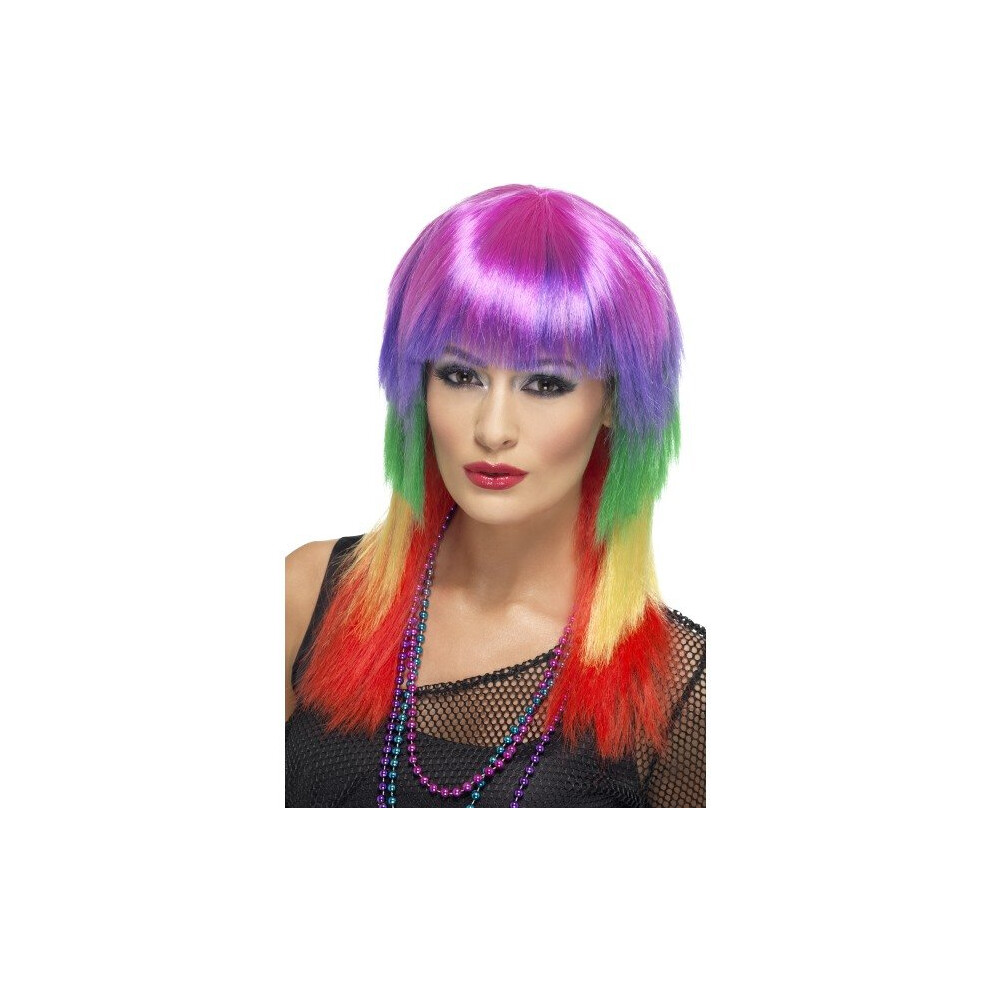 Smiffy's Rainbow Rocker Wig Long With Fringe - Multi-Colou - Wig Rocker Rainbow Fancy Dress Ladies Colou 80S Long Multi Womens Red