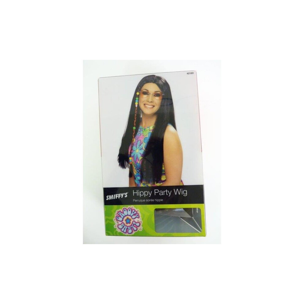 Smiffy's Ladies Beaded Hip Wig - Wig Hippy Fancy Dress Long Costume Hippie Party Beads 60S Ladies 70S 1960S Black