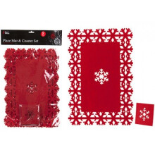 Red 8 Piece Felt Christmas Snow Flake Place Mat Set - Mats 4 Table Coasters - mats 4 christmas place table coasters silver oval hand woven set