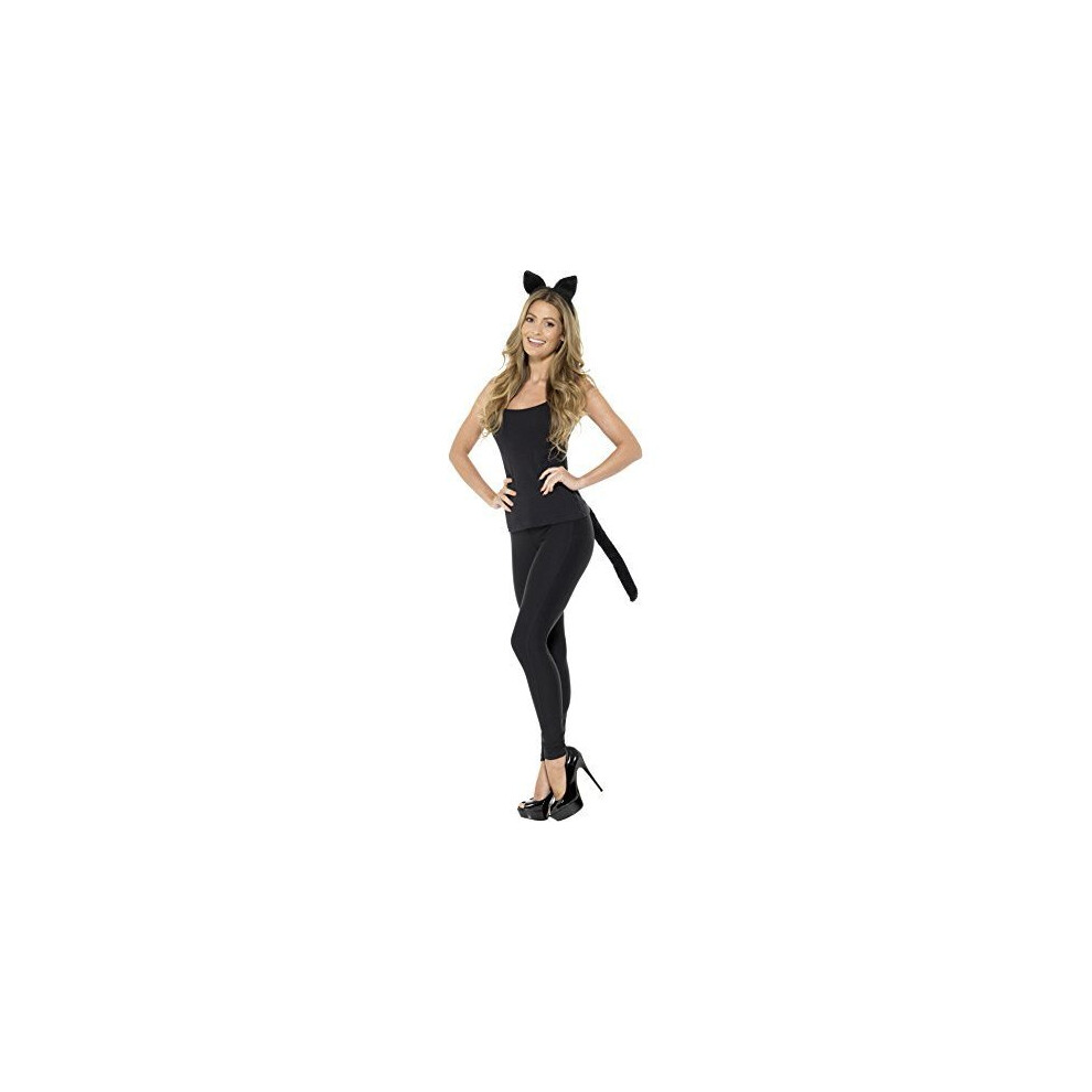 Smiffy's 48380 Adult Cat Kit, One Size - Animal Tail Fancy Dress Adults Headband Sets Instant Outfit Cat Ladies Ears Pet Womens Costume Black
